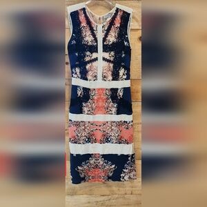 BCBG Sleeveless Navy and Coral Patterned Sheath Dress